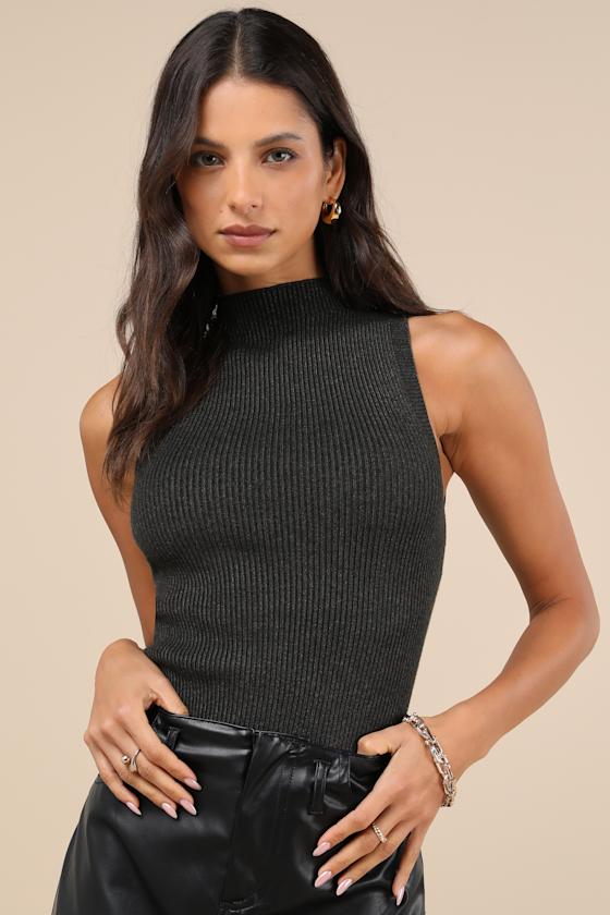 Seasonal Sophistication Black Ribbed Mock Neck Sweater Tank Top