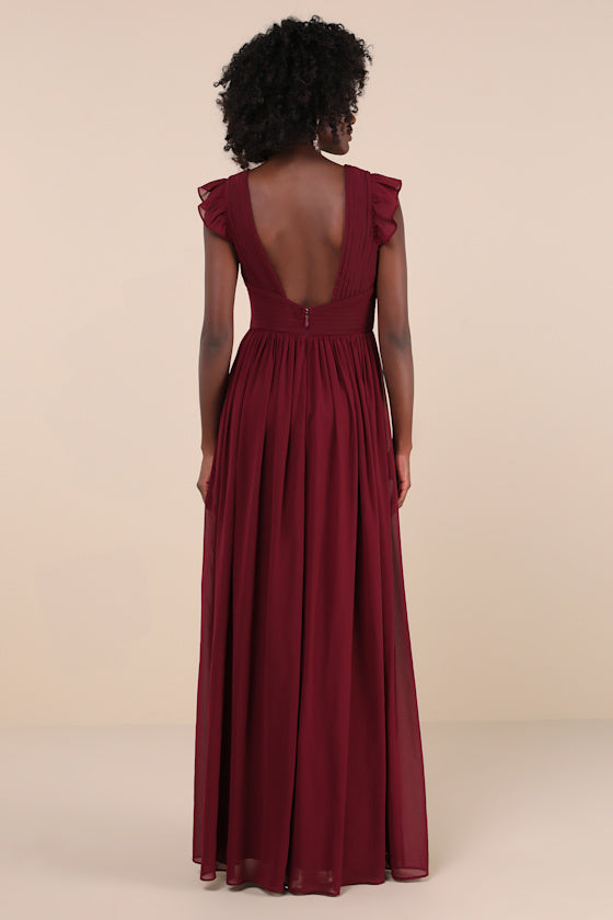 Gorgeous Goal Burgundy Pleated Backless Surplice Maxi Dress
