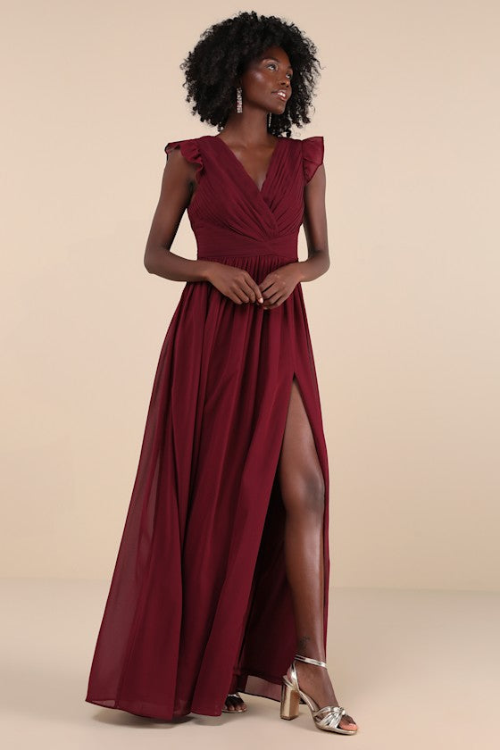 Gorgeous Goal Burgundy Pleated Backless Surplice Maxi Dress
