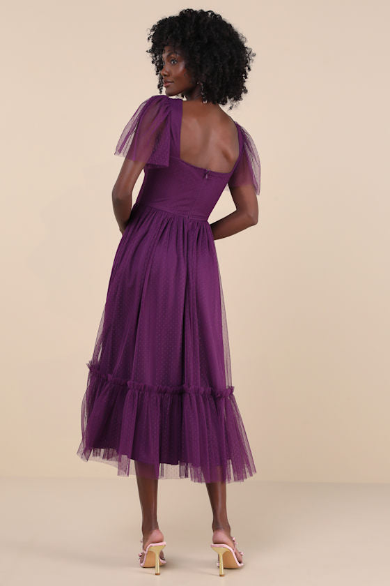 Dreamy Celebration Plum Purple Tulle Bustier Swiss Dot Midi Dres