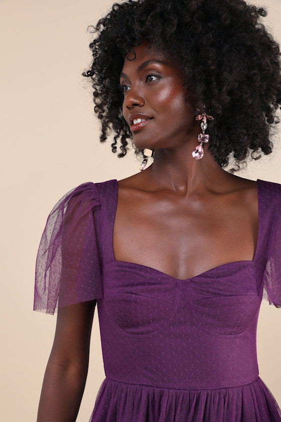 Dreamy Celebration Plum Purple Tulle Bustier Swiss Dot Midi Dres