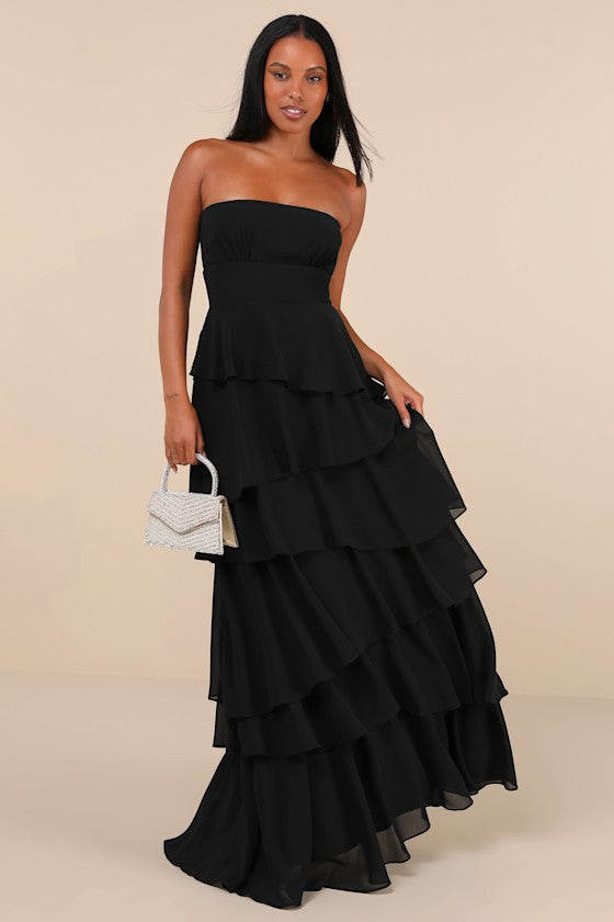 Gorgeous Essence Black Strapless Tiered Maxi Dress