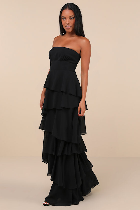 Gorgeous Essence Black Strapless Tiered Maxi Dress