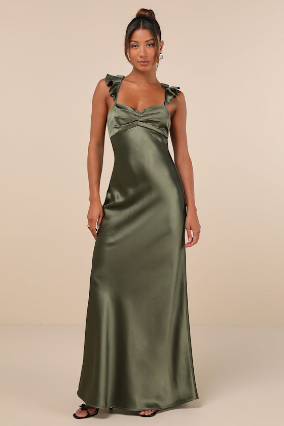 Exuberant Luxury Olive Green Satin Ruffled Lace-Up Maxi Dress