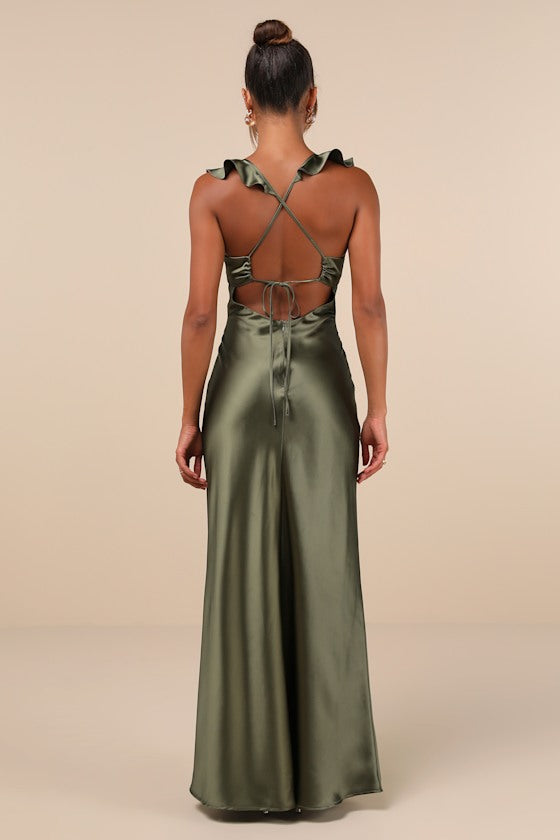 Exuberant Luxury Olive Green Satin Ruffled Lace-Up Maxi Dress