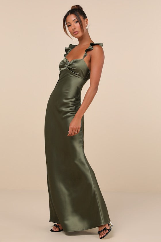 Exuberant Luxury Olive Green Satin Ruffled Lace-Up Maxi Dress