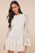 Darling Era Ivory Lace Applique Long Sleeve Ruffled Mini Dress