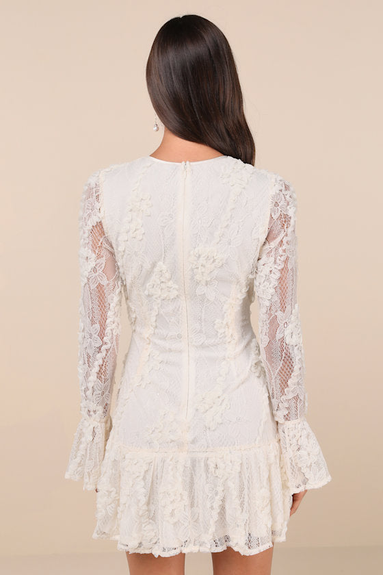 Darling Era Ivory Lace Applique Long Sleeve Ruffled Mini Dress
