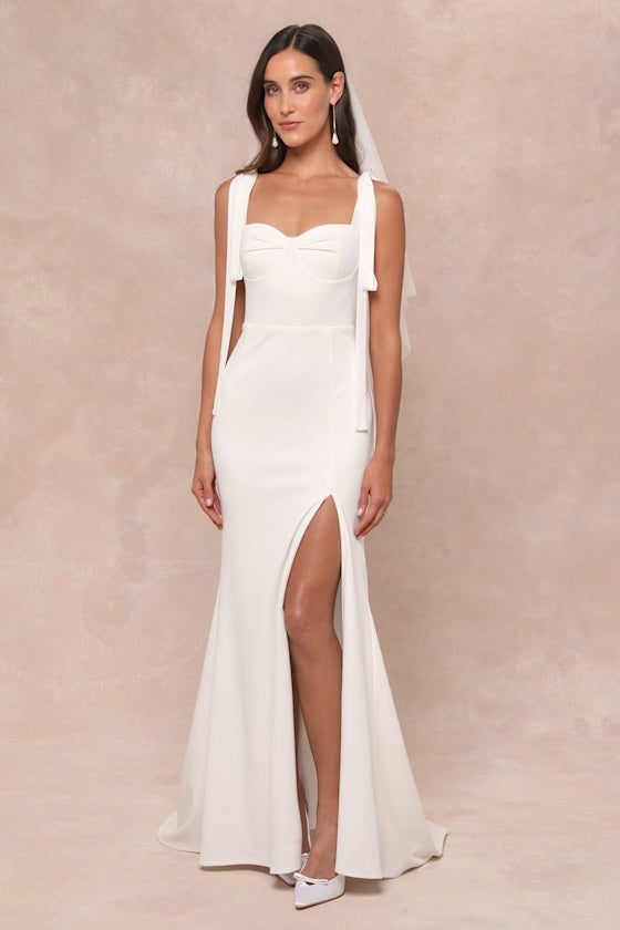 Splendid Love White Bustier Tie-Strap Mermaid Maxi Dress