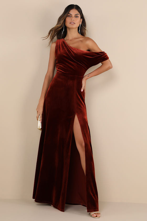 Coveted Confidence Rust Orange Velvet Asymmetrical Maxi Dress