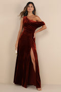 Coveted Confidence Rust Orange Velvet Asymmetrical Maxi Dress