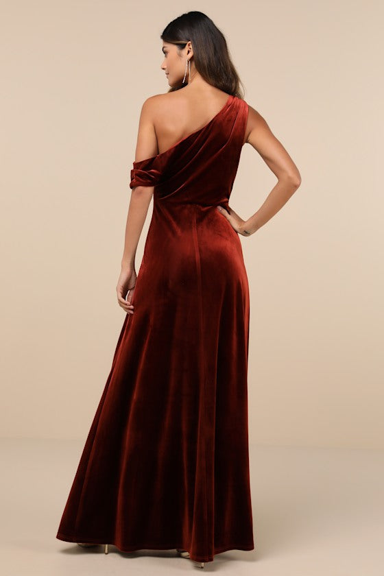Coveted Confidence Rust Orange Velvet Asymmetrical Maxi Dress