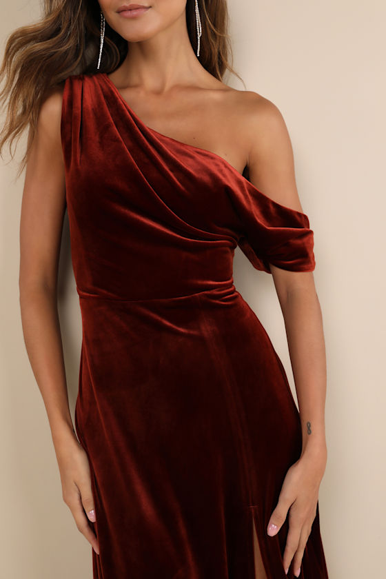 Coveted Confidence Rust Orange Velvet Asymmetrical Maxi Dress