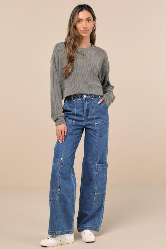 Relaxed Attitude Olive Textured Ribbed Long Sleeve Crop Top
