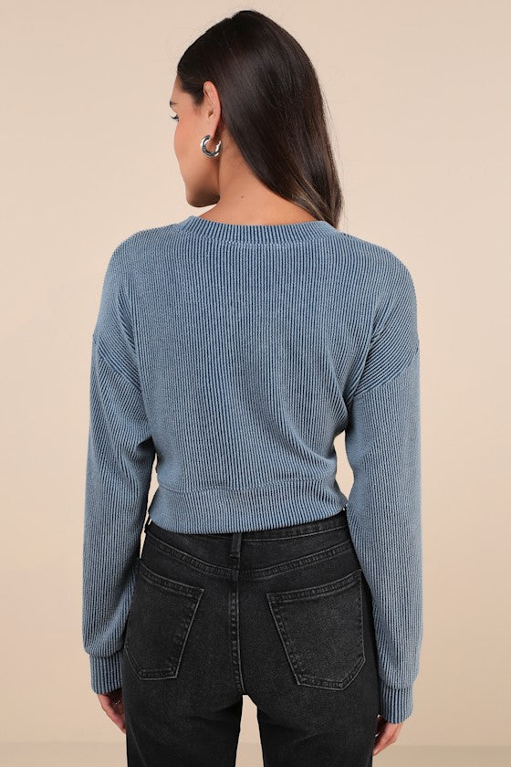 Relaxed Attitude Slate Blue Textured Ribbed Long Sleeve Crop Top