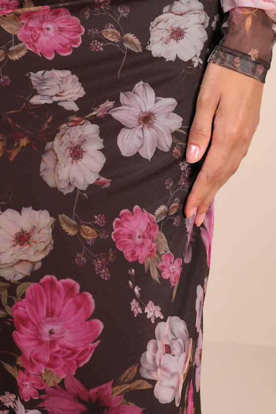 Unforgettably Sweet Brown Floral Print Mesh High-Rise Midi Skirt
