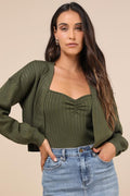 Cutest Duet Olive Green Knit Cami Top and Cardigan Sweater Set