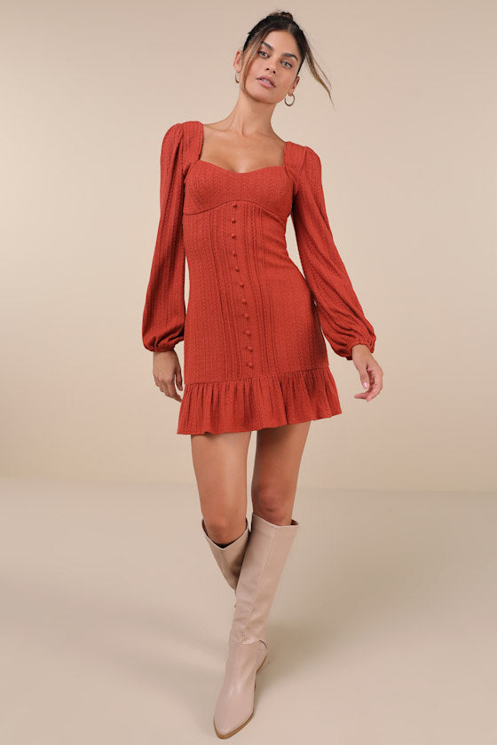Coveted Sweetness Rust Pointelle Knit Long Sleeve Mini Dress