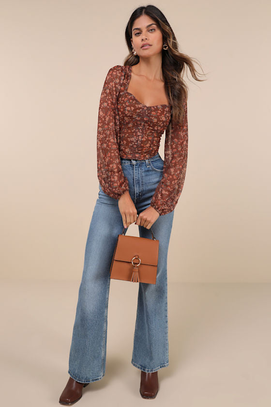 Feeling So Cute Brown Floral Mesh Balloon Sleeve Crop Top