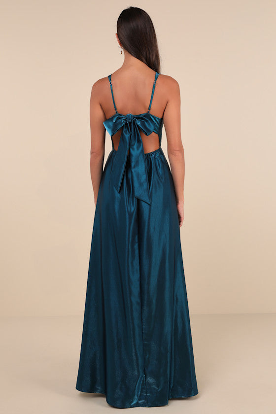 Immaculate Aura Shiny Dark Teal Taffeta Maxi Dress With Pockets