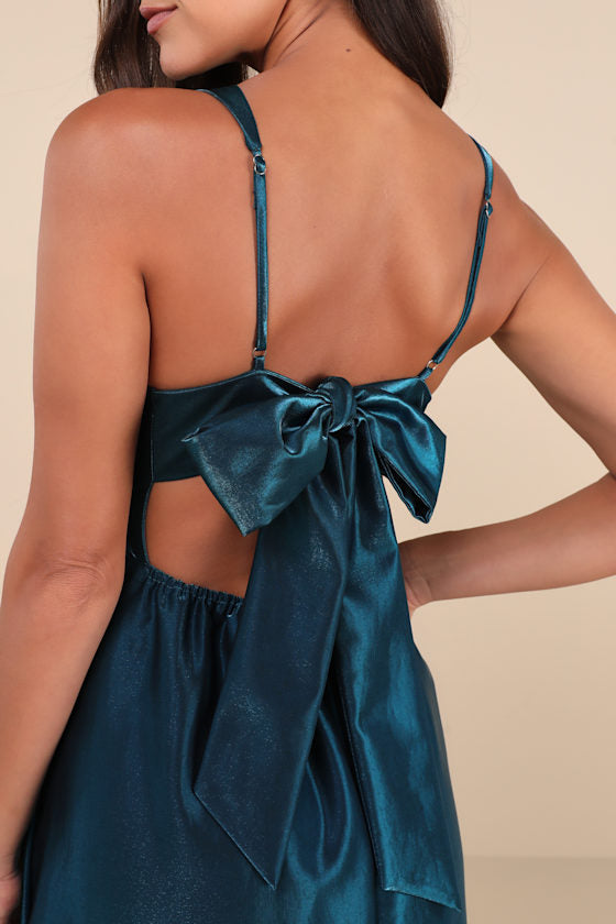 Immaculate Aura Shiny Dark Teal Taffeta Maxi Dress With Pockets