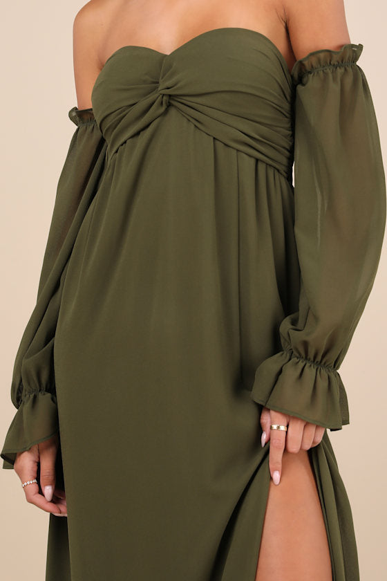 Glorious Invite Olive Green Knotted Off-the-Shoulder Maxi Dress
