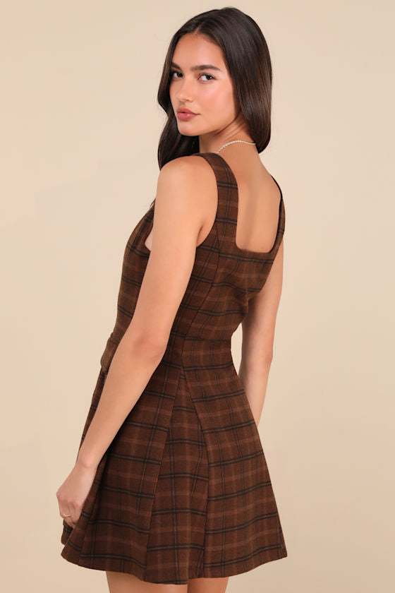 Autumn Approach Brown Plaid Sleeveless Button-Up Mini Dress