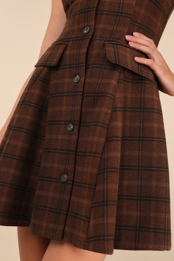 Autumn Approach Brown Plaid Sleeveless Button-Up Mini Dress