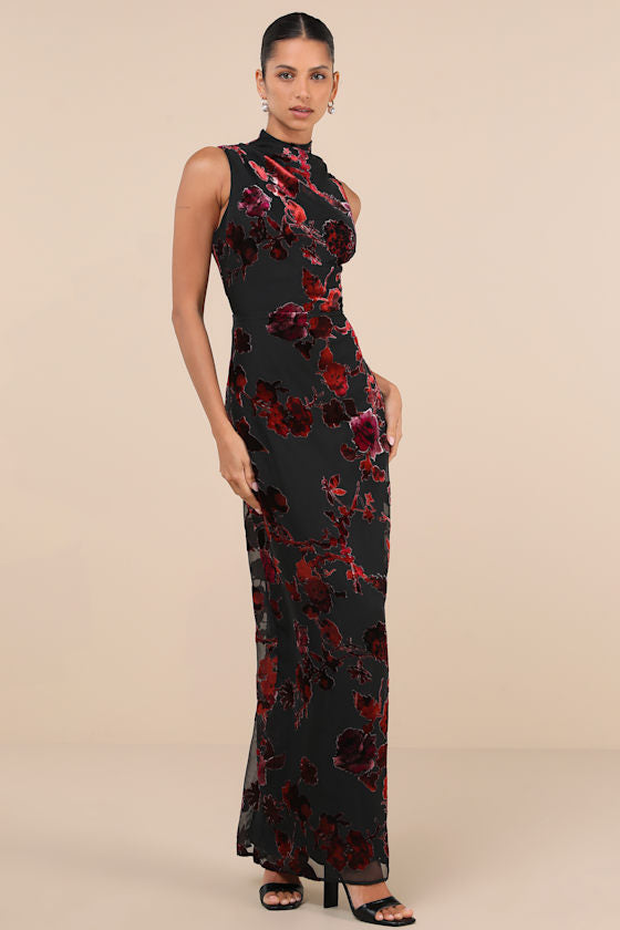 Composed Glamour Red and Black Burnout Velvet Maxi Dress