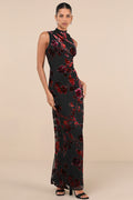 Composed Glamour Red and Black Burnout Velvet Maxi Dress
