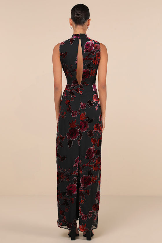 Composed Glamour Red and Black Burnout Velvet Maxi Dress