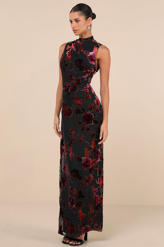 Composed Glamour Red and Black Burnout Velvet Maxi Dress