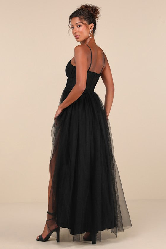 Convincingly Graceful Black Tulle Sleeveless Maxi Dress