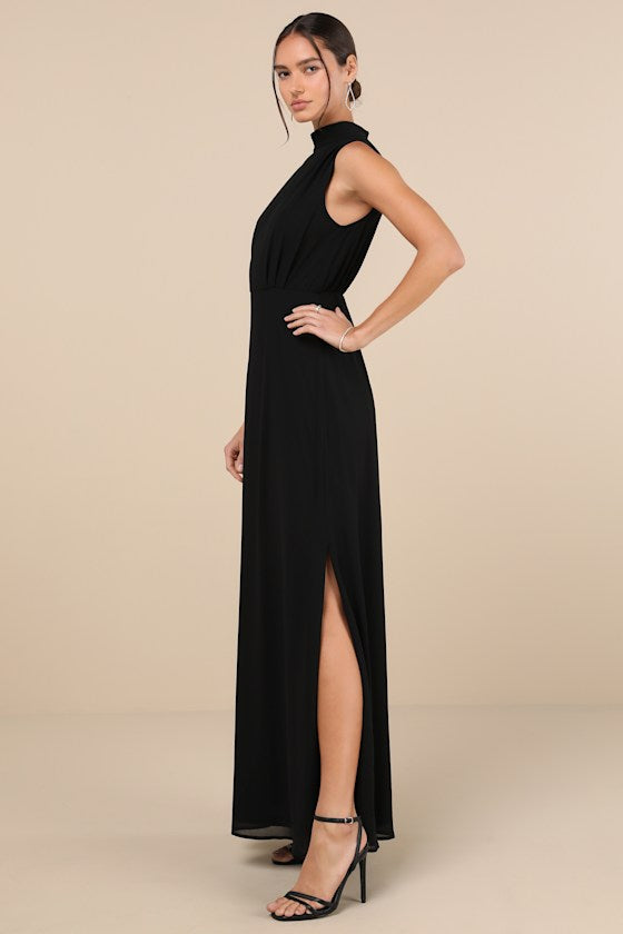 Classic Elegance Black Chiffon Sleeveless Mock Neck Maxi Dress