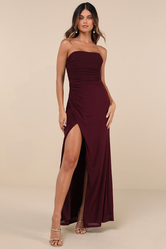 Epitome of Allure Purple Mesh Strapless Ruched Maxi Dress