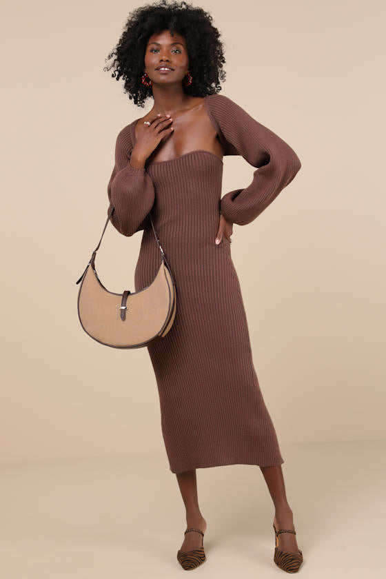 Autumn Aura Brown Ribbed Two-Piece Sweater Dress