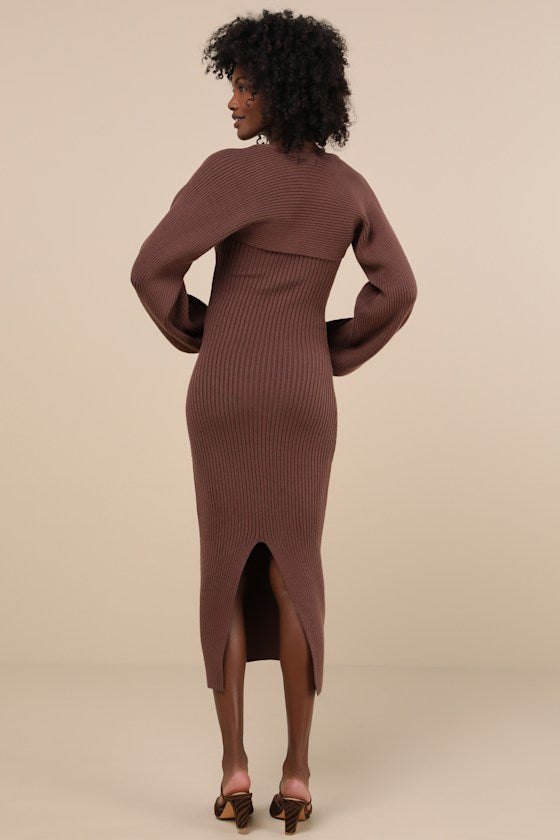 Autumn Aura Brown Ribbed Two-Piece Sweater Dress
