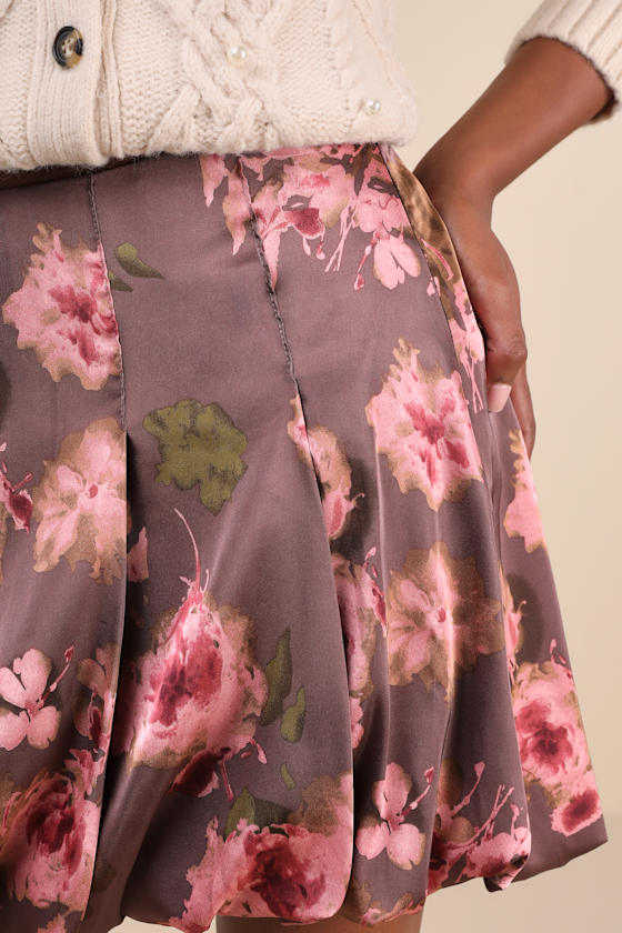 Darling Curation Dark Mauve Floral Bubble-Hem Mini Skirt