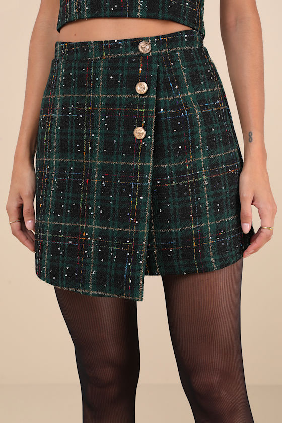 Adorably Posh Dark Green Multi Plaid Tweed Faux-Wrap Mini Skirt