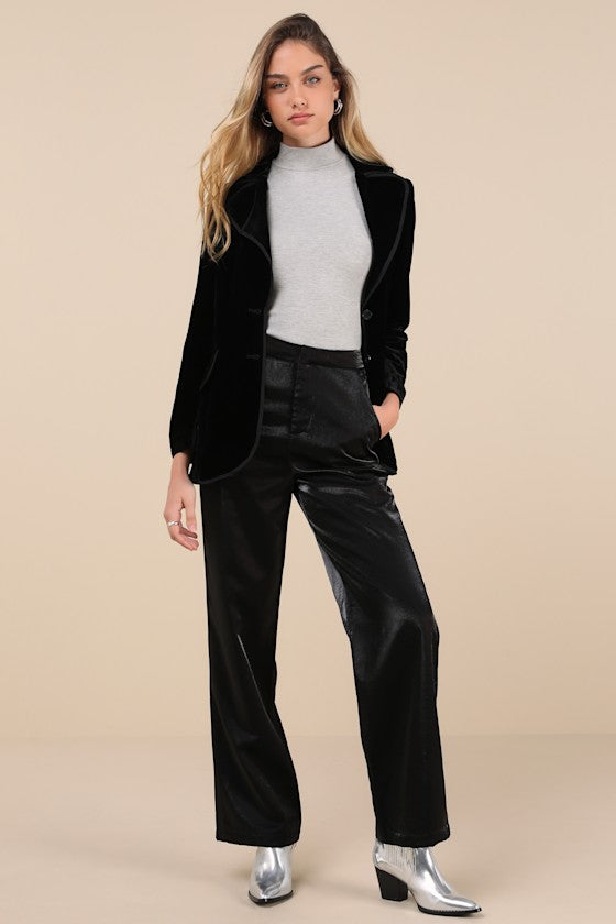 Confirmedly Chic Shiny Black High-Rise Wide-Leg Trouser Pants