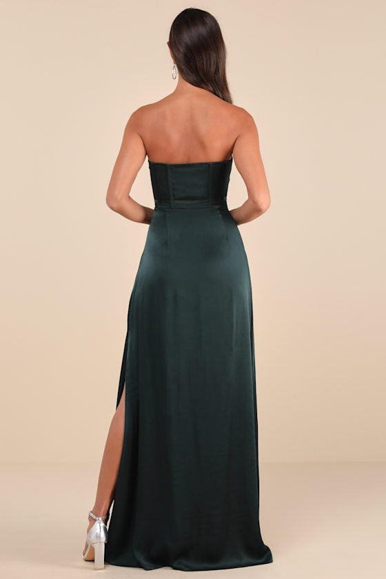 Extraordinary Presence Dark Green Satin Strapless Maxi Dress