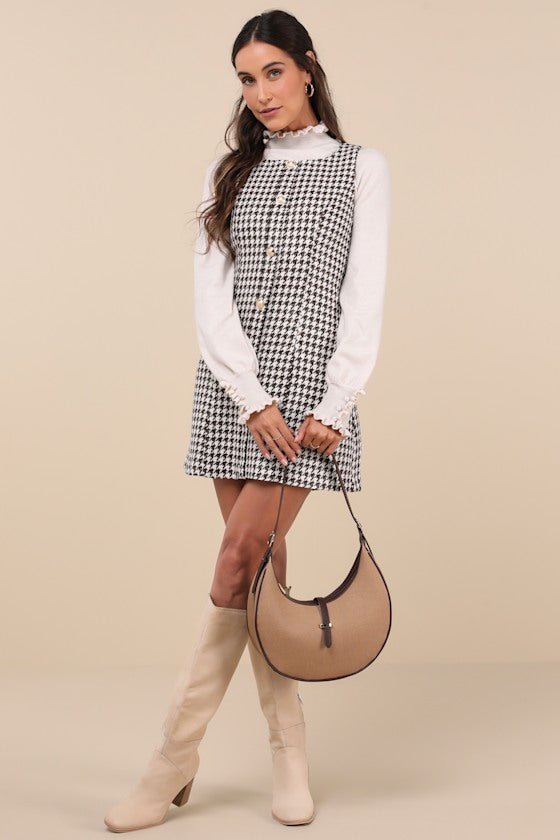 Coveted Poise Brown Houndstooth Button-Front Shift Mini Dress
