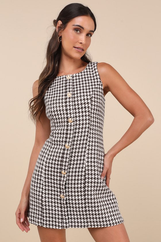 Coveted Poise Brown Houndstooth Button-Front Shift Mini Dress