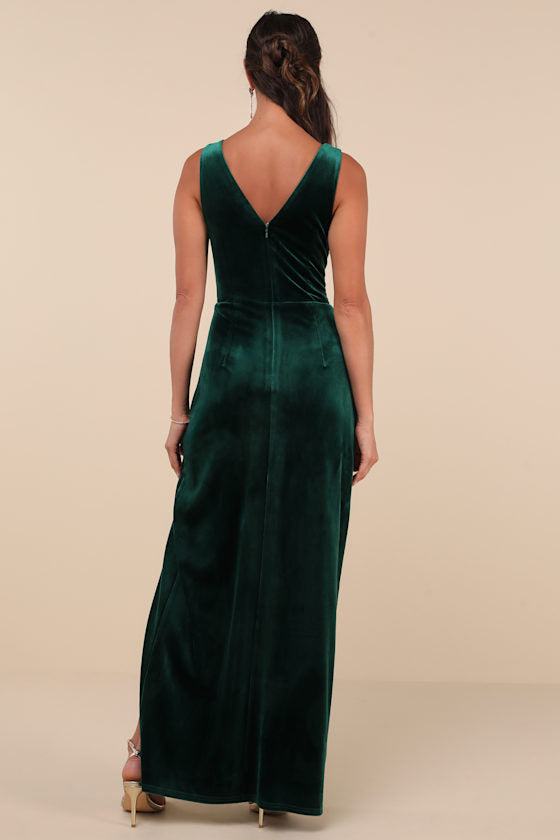 Beautiful Evenings Emerald Velvet Twist-Front Maxi Dress