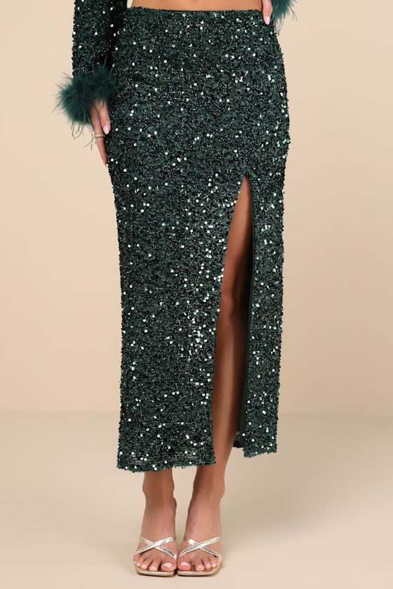 Sparkling Behavior Emerald Green Sequin High-Rise Midi Skirt