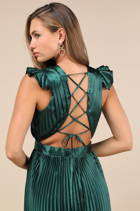 Exceptional Drama Emerald Satin Lace-Up Pleated Maxi Dress