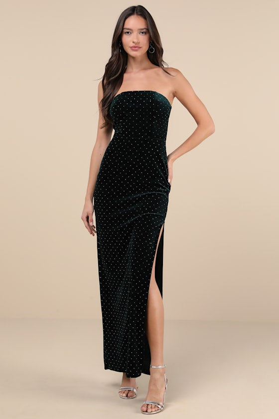 Dreamy Choice Dark Green Rhinestone Strapless Maxi Dress
