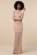 Famous Impression Beige Lace Mock Neck Long Sleeve Maxi Dress