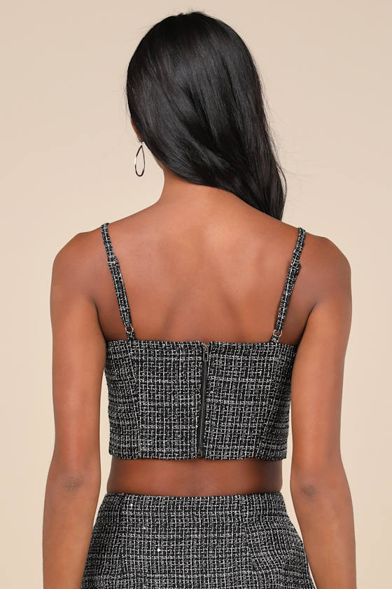 Charismatically Cute Black Tweed Rhinestone Sleeveless Crop Top
