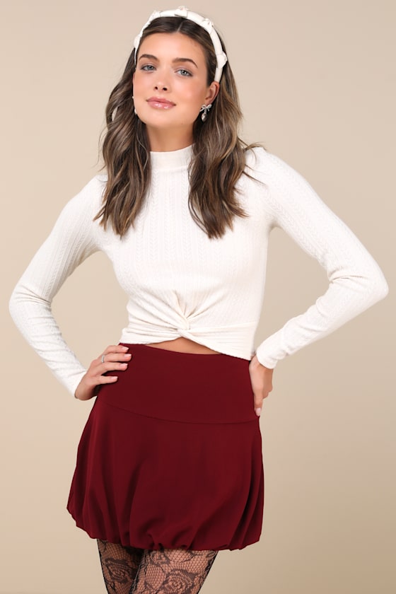 Exceptionally Aesthetic Wine Red High-Rise Bubble-Hem Mini Skirt